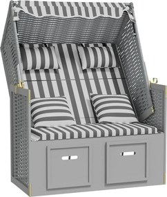 vidaXL Scaun de plajă cu perne,gri&alb, poliratan și lemn masiv