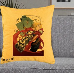 Perna Personalizata Fullmetal Alchemist Brotherhood Edward si Al Poster, 40x40 cm, Galben, Husa Detasabila, Perna Inclusa, BEKZ®