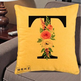Cadou Personalizat - Perna Personalizata Monograma Florala Litera T, 40x40 cm, Galben, Husa Detasabila, Perna Inclusa, BEKZ®