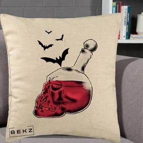Perna Decorativa Halloween Craniu-Sticla cu Lilieci, 40x40 cm, Bej, Husa Detasabila, Perna Inclusa, BEKZ®