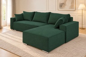 Colțar extensibil Livia Mini din catifea reiată, verde, colț pe dreapta, cu ladă de depozitare
