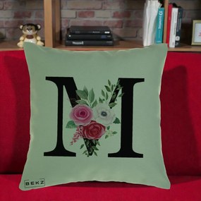 Cadou Personalizat - Perna Personalizata Monograma Florala Litera M cu Trandafiri si Anemona, 40x40 cm, Verde, Husa Detasabila, Perna Inclusa, BEKZ®