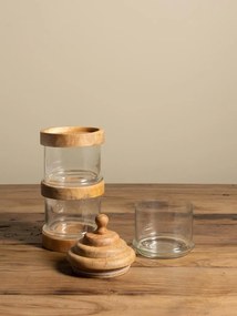 Set 3 borcane suprapuse din sticlă cu margini și capac din lemn de mango, natur, finisaj antichizat, 41 × 13 cm, „Sylve"