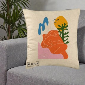 Perna Decorativa Femeie Portocalie Relaxata, 40x40 cm, Bej, Husa Detasabila, Perna Inclusa, BEKZ®