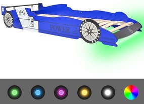 243937 vidaXL Pat copii mașină de curse, cu LED, 90 x 200 cm, albastru
