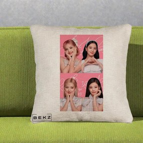 Perna Personalizata K-pop BLACKPINK Colaj Roz, 40x40 cm, Bej Canapea, Husa Detasabila, Perna Inclusa, BEKZ®