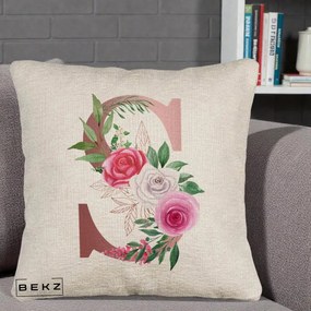 Cadou Personalizat - Perna Personalizata Monograma Rose Gold Litera S, 40x40 cm, Bej Canapea, Husa Detasabila, Perna Inclusa, BEKZ®