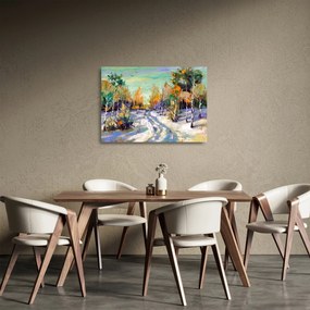 Tablou pe sticlă - Drum înzăpezit prin pădure (70x50 cm)
