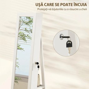 HOMCOM Oglindă 3 în 1 cu Suport Bijuterii, Rotativă, Rafturi și Ușă cu Cheie, Albă | Aosom Romania