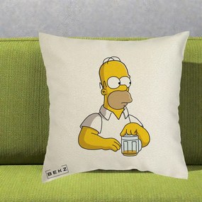 Perna Personalizata Homer Simpson cu Bere, 40x40 cm, Ecru, Husa Detasabila, Perna Inclusa, BEKZ®
