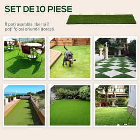 Outsunny Gazon Sintetic 10 Piese Covoraș Gazon Artificial 30x30 cm cu Înălțimea Firului de Iarbă 20 mm și Anti-UV Verde Închis | Aosom Romania