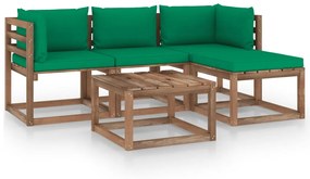 Set mobilier de gradina, 5 piese, cu perne verzi Verde, 2x colt + mijloc + suport pentru picioare + masa, 1