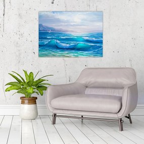 Tablou pe sticlă - Pictură în ulei de mare cu pescăruși (70x50 cm)