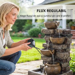 Outsunny Fântână de grădină cu iluminare LED pompă fântână decorativă în cascadă cu 5 niveluri flux reglabil maro rustic | Aosom Romania