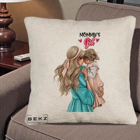 Cadou pentru Mama - Perna Personalizata Mommy's Girl Mama si Fetita, 40x40 cm, Bej Canapea, Husa Detasabila, Perna Inclusa, BEKZ®