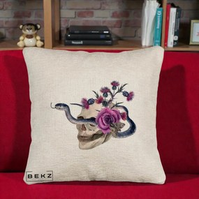 Perna Decorativa Craniu cu Sarpe si Trandafiri Gothic, 40x40 cm, Bej Canapea, Husa Detasabila, Perna Inclusa, BEKZ®