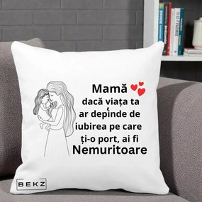 Cadou pentru Mama - Perna Personalizata Mama Nemuritoare cu Copilul in Poala, 40x40 cm, Alba Mata, Husa Detasabila, Perna Inclusa, BEKZ®