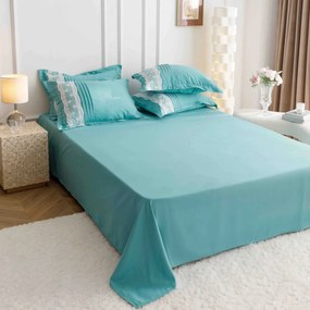 Lenjerie pat dublu, Inimi Brodate, 6 Piese, Finet Premium - Verde deschis