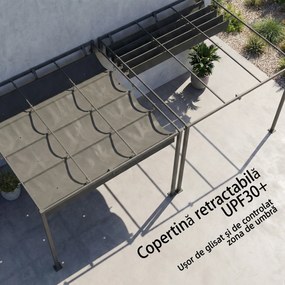 Outsunny Pergolă montată 3x3 m cu acoperiș retractabil glisant, guri de drenaj, pergolă de grădină din poliester și oțel, pentru terasă, curte, exterior, UV30+, Gri Închis | Aosom Romania