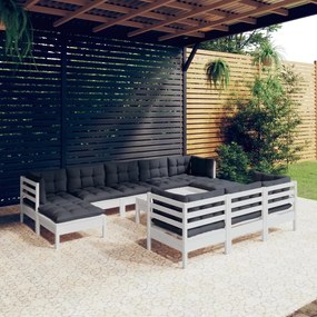 3097146 vidaXL Set mobilier de grădină cu perne, 11 piese, alb lemn masiv pin