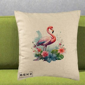 Perna Decorativa Flamingo cu Flori Tropicale Acuarela, 40x40 cm, Bej, Husa Detasabila, Perna Inclusa, BEKZ®