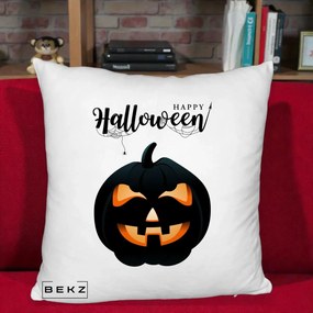 Perna Decorativa Happy Halloween Dovleac Negru cu Paianjen, 40x40 cm, Alb Pufos, Husa Detasabila, Perna Inclusa, BEKZ®