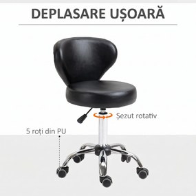 HOMCOM Taburet Rotativ 360° Reglabil, Taburet Cosmetic cu Spătar, din Oțel și Piele Ecologică, Negru | Aosom Romania