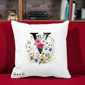 Cadou Personalizat - Perna Personalizata Monograma Florala Litera V cu Coroana, 40x40 cm, Alba Mata, Husa Detasabila, Perna Inclusa, BEKZ®