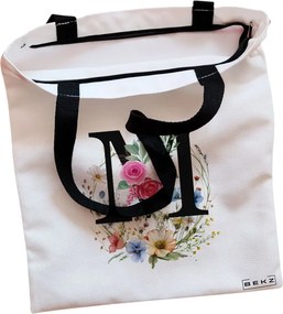 Sacosa de Panza pentru Cumparaturi, Geanta Tote, Cu litera M in Coronita Florala, Cu fermoar, 38x34.5 cm, Alba, BEKZ®