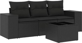 vidaXL Set mobilier de grădină cu perne, 4 piese, negru, poliratan