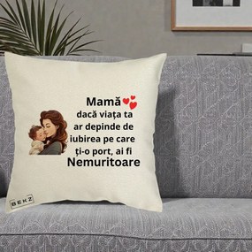 Cadou pentru Mama - Perna Personalizata Mama Nemuritoare cu Bebelus Lineart, 40x40 cm, Ecru, Husa Detasabila, Perna Inclusa, BEKZ®
