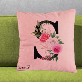 Cadou Personalizat - Perna Personalizata Monograma Florala Litera S, 40x40 cm, Roz, Husa Detasabila, Perna Inclusa, BEKZ®