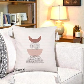 Perna Decorativa Boho Luna Plina si Forme Punctate, 40x40 cm, Bej cu Franjuri, Husa Detasabila, Perna Inclusa, BEKZ®