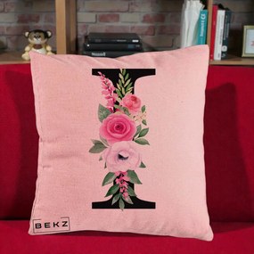 Cadou Personalizat - Perna Personalizata Monograma Florala Litera I, 40x40 cm, Roz, Husa Detasabila, Perna Inclusa, BEKZ®