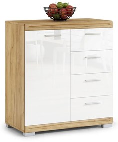 Mazzoni Comodă îngustă SIMPLE KD1SZ4 Stejar Craft Auriu/Alb Luciu - DULAP LIVING CU 4 SERTARE