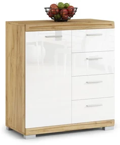 Mazzoni Comodă îngustă SIMPLE KD1SZ4 Stejar Craft Auriu/Alb Luciu - DULAP LIVING CU 4 SERTARE