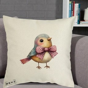 Perna Decorativa Pasare Bleu cu Fundita Roz, 40x40 cm, Ecru, Husa Detasabila, Perna Inclusa, BEKZ®