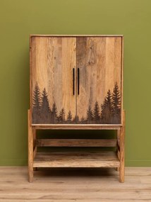 Dulap din lemn de mango, cu 2 uși gravate cu motiv de pădure, 5 rafturi și mânere, natur, finisaj mat, 93×45.5×142.5 cm, „Forestia"