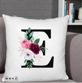 Cadou Personalizat - Perna Personalizata Monograma Florala Litera E, 40x40 cm, Alb Pufos, Husa Detasabila, Perna Inclusa, BEKZ®