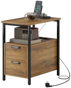 HOMCOM Masa auxiliară masa de noapte cu 2 prize port USB 1 priză tip C cablu de 143 cm sertare și raft lemn natural | Aosom Romania