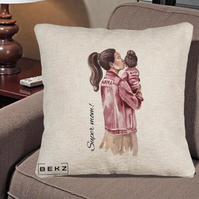 Cadou pentru Mama - Perna Personalizata Super Mom Jachete Roz, 40x40 cm, Bej Canapea, Husa Detasabila, Perna Inclusa, BEKZ®