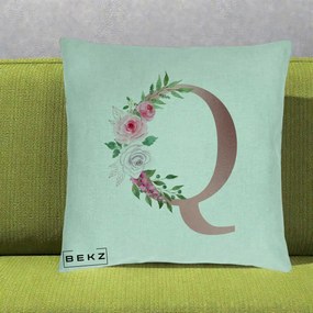 Cadou Personalizat - Perna Personalizata Monograma Rose Gold Litera Q, 40x40 cm, Verde Menta, Husa Detasabila, Perna Inclusa, BEKZ®