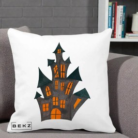 Perna Decorativa Halloween Casa Bantuita Minimalista, 40x40 cm, Alba Mata, Husa Detasabila, Perna Inclusa, BEKZ®