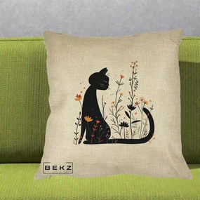 Perna Decorativa Pisica Neagra Flori Portocalii Silueta, 40x40 cm, Crem, Husa Detasabila, Perna Inclusa, BEKZ®