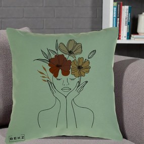 Perna Decorativa Portret Feminin Coroana Trei Flori, 40x40 cm, Verde, Husa Detasabila, Perna Inclusa, BEKZ®