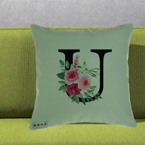 Cadou Personalizat - Perna Personalizata Monograma Florala Litera U, 40x40 cm, Verde, Husa Detasabila, Perna Inclusa, BEKZ®