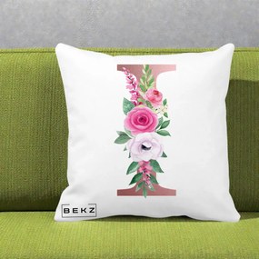 Cadou Personalizat - Perna Personalizata Monograma Rose Gold Litera I, 40x40 cm, Alba Mata, Husa Detasabila, Perna Inclusa, BEKZ®