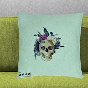 Perna Decorativa Craniu Floral cu Trandafiri si Ciuperci, 40x40 cm, Verde Menta, Husa Detasabila, Perna Inclusa, BEKZ®