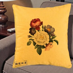Perna Decorativa Buchet Trandafiri Bujori Botanical, 40x40 cm, Galben, Husa Detasabila, Perna Inclusa, BEKZ®