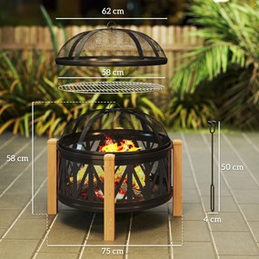 Outsunny Cuva pentru foc 2-in-1 Ø75 x 58 cm Vatră cu protecție la scântei Cârlig de întreținere Grătar Negru | Aosom Romania